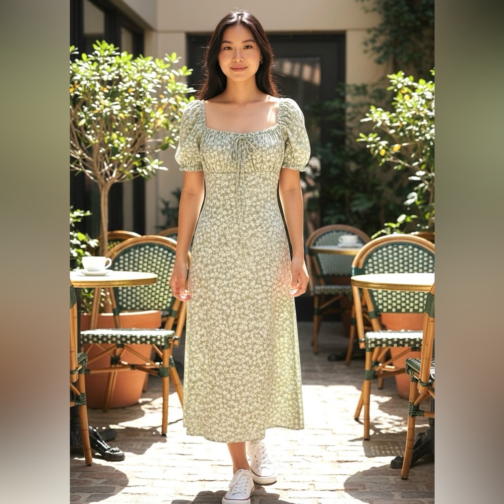 WAYF Green and Ivory Floral ruched maxi dress